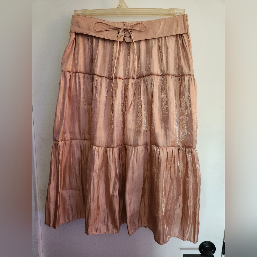 NWT Pleated Midi HighWaist Swing Skirt Pink & Gold X-Large